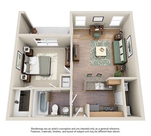 a stylized floor plan of a 1 bedroom apartment